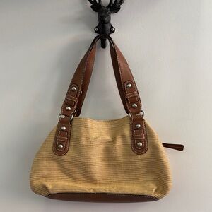 Fossil Straw Shoulder Bag with Brown Leather Trim